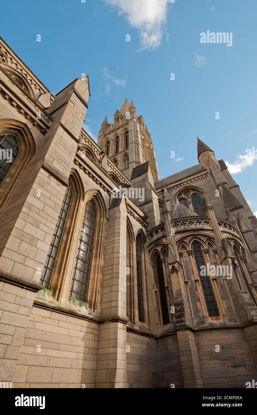 Esterno di una storica cattedrale gotica caratterizzata da intricati lavori in pietra Foto Stock