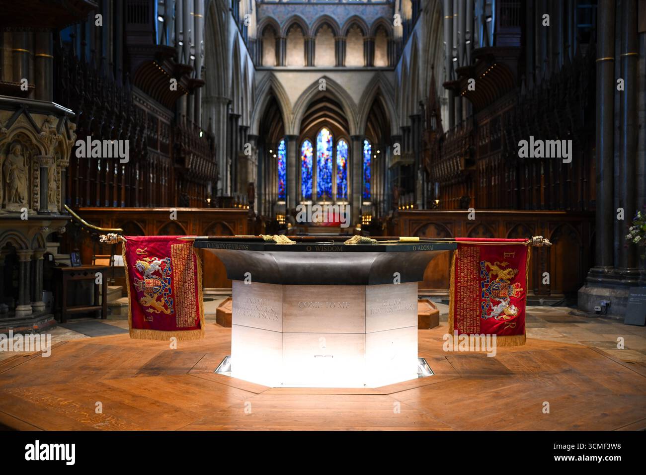 Salisbury, Regno Unito, 16 settembre 2025. I principi reali assistono alla posa degli standard della regina Elisabetta II nella cattedrale di Salisbury. In un servizio speciale martedì 16 settembre, i due reggimenti di Household Cavalry stabilirono i loro attuali standard elisabettiani nella Cattedrale di Salisbury. HRH la Princess Royal, come colonnello Blues e Royals, era presente, insieme al tenente generale Sir Edward Smyth-Osbourne, colonnello Life Guards. Durante il servizio, gli standard furono consegnati al decano di Salisbury, il Revd Nicholas Papadopulos, per la custodia. Immagine: Finnbarr Webster Foto Stock