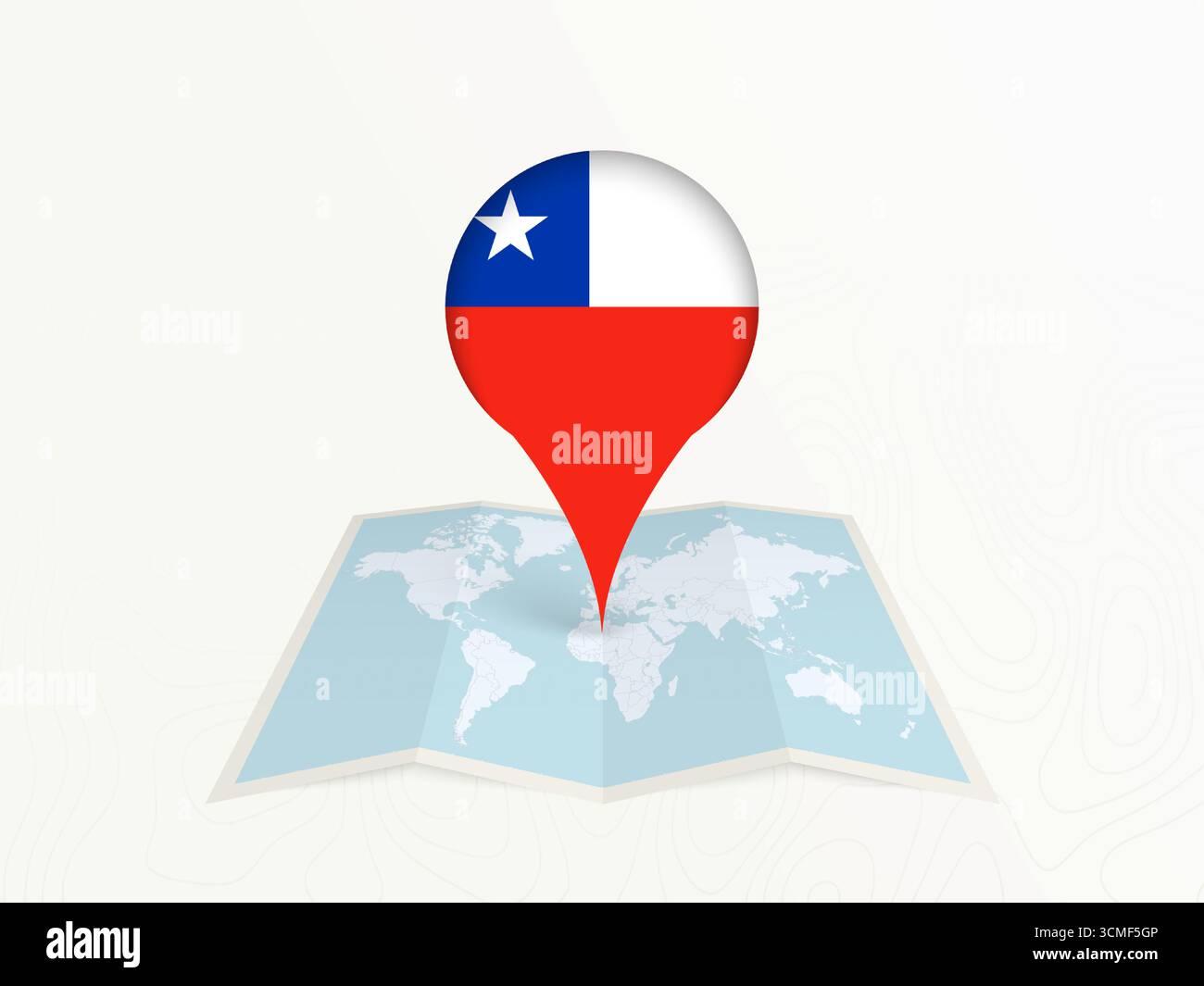 Spilla cartina Cile con bandiera nazionale sulla Mappa del mondo aperto. Perfetto per l'uso in guide di viaggio, contenuti geografici, concetti di posizionamento globale e internazionalità Illustrazione Vettoriale