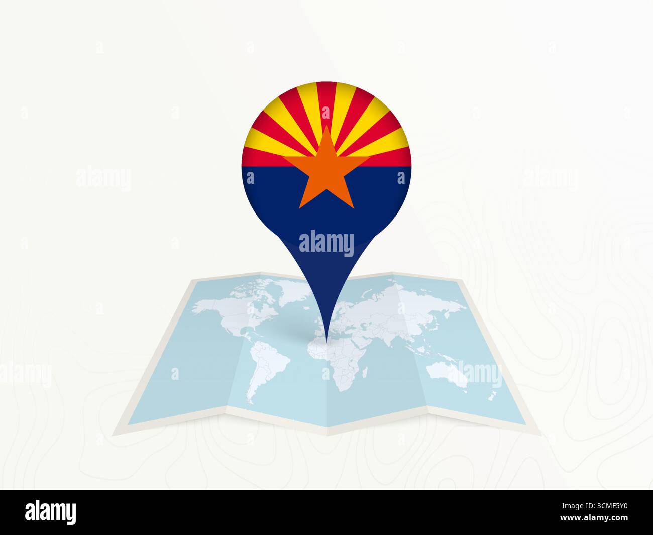 Spilla cartina Arizona con bandiera nazionale sulla mappa del mondo aperto. Perfetto per l'uso in guide di viaggio, contenuti geografici, concetti di posizionamento globale e internatio Illustrazione Vettoriale