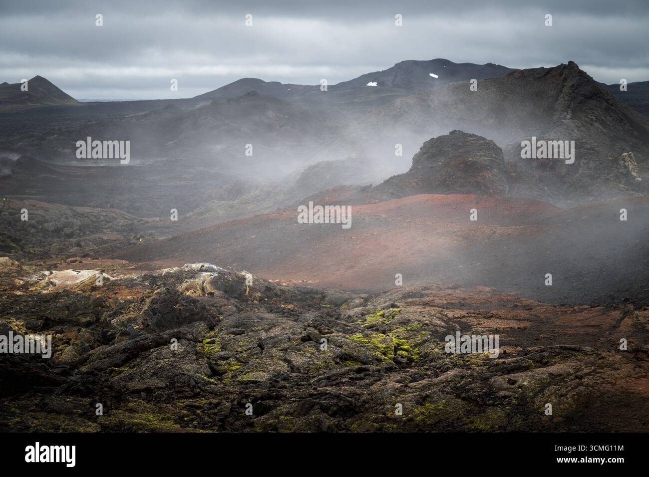 Campi di lava scuri e terra fumante Foto Stock