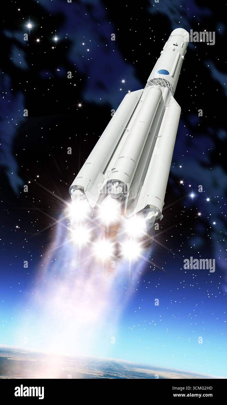 Razzo spaziale decollato. Sfondo di rendering 3D. Foto Stock