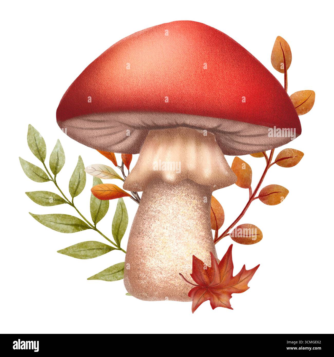 Composizione di funghi e foglie autunnali in stile acquerello. Ideale per cartoline stagionali, stampe da cucina, imballaggi, motivi di tessuto Foto Stock