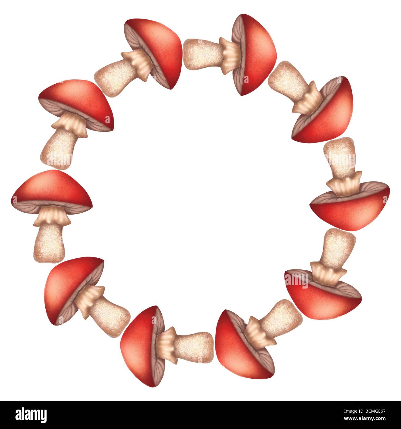 Cornice rotonda di funghi in stile acquerello. Perfetto per biglietti d'autunno, etichette, decorazioni per la cucina, inviti, confezioni, e progetti di design stagionali. Foto Stock