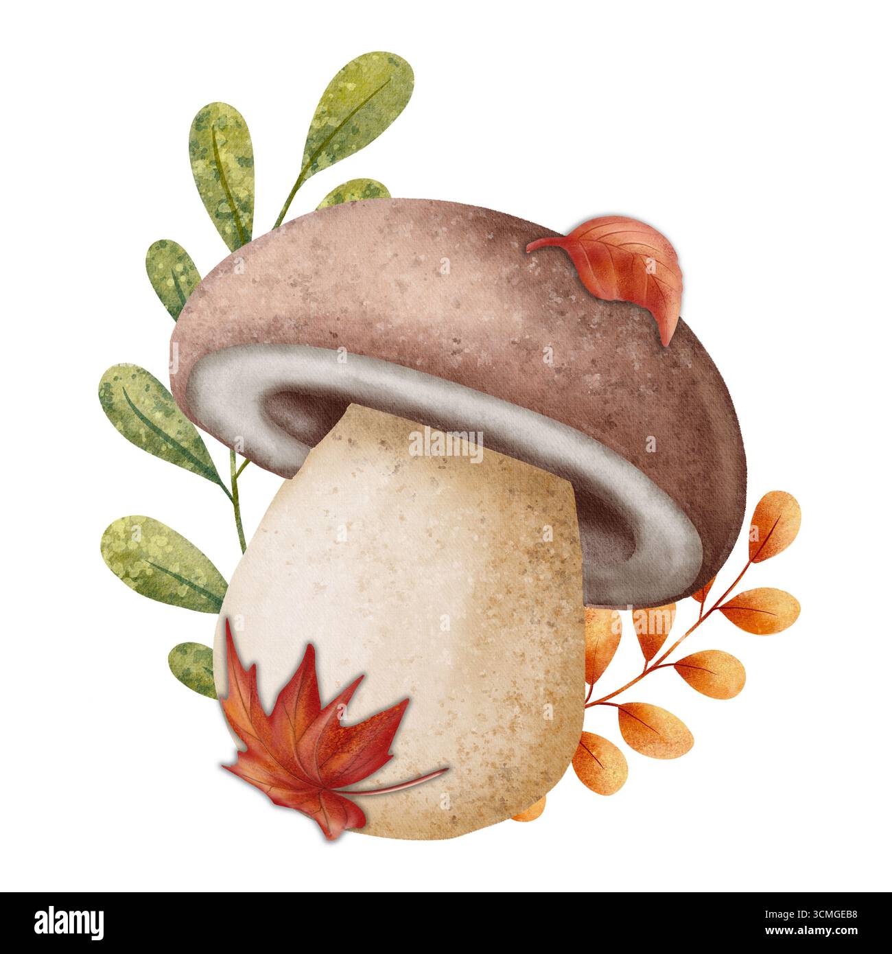Composizione di funghi e foglie autunnali in stile acquerello. Ideale per cartoline stagionali, stampe da cucina e confezioni Foto Stock