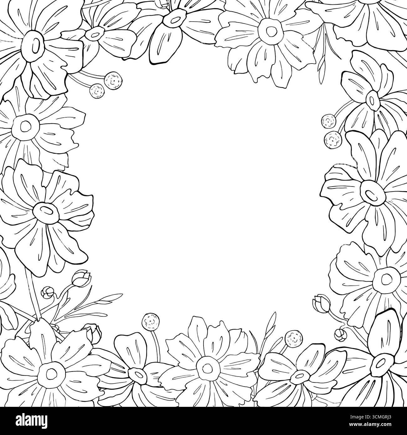 Cornice floreale di Anemone giapponese in stile grafico. Modello con fiori, boccioli, ramoscelli in illustrazione vettoriale a inchiostro disegnato a mano, disegni in linea. Scheda attivata Illustrazione Vettoriale