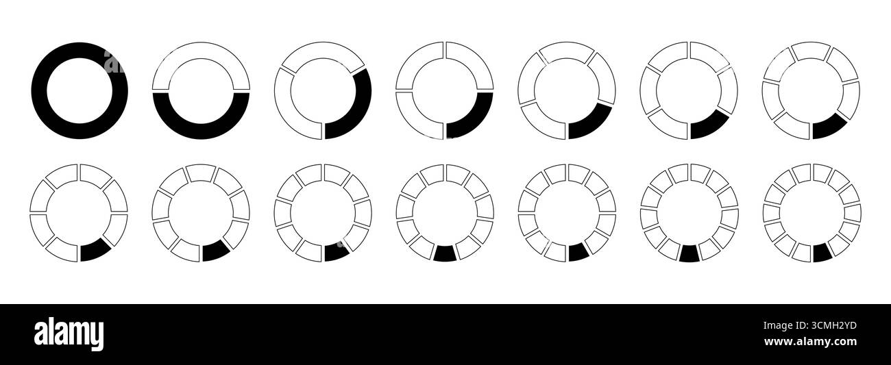 Cerchi divisi diagrammi neri 1, 2, 3, 10, 7, 8, 9, 10, 11, 12, 13, 14 parti uguali. Modelli vuoti di coaching. Tabelle delle sezioni per pizza, forma del grafico a torta Illustrazione Vettoriale