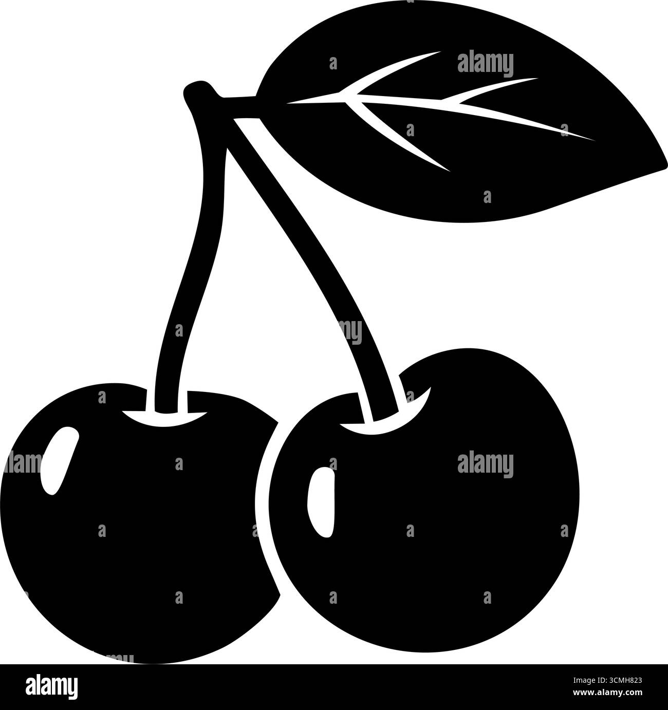 Silhouette nera di ciliegia con foglia. Illustrazione vettoriale minima per icone, loghi, cibo, design e decorazioni naturali Illustrazione Vettoriale