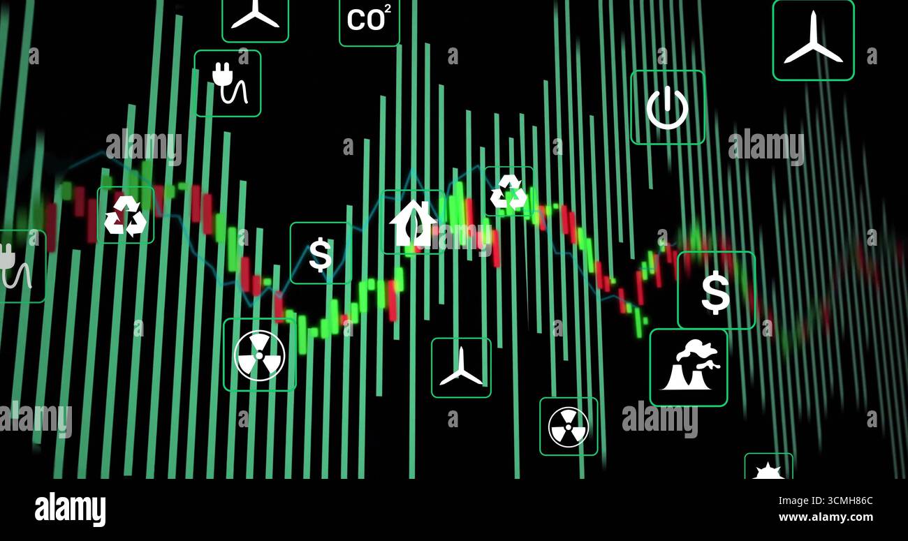 Visualizzazione del dashboard energia sull'interfaccia nera, con barre verdi, linea di candele e icone di energia Foto Stock