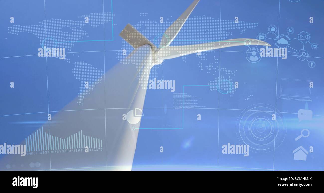 Visualizzazione delle pale rotanti delle turbine eoliche in un parco eolico con sovrapposizione delle mappe mondiali e sovrapposizioni di dati Foto Stock Visualizzazione delle pale rotanti delle turbine eoliche in un parco eolico con sovrapposizione delle mappe mondiali e sovrapposizioni di dati Foto Stock