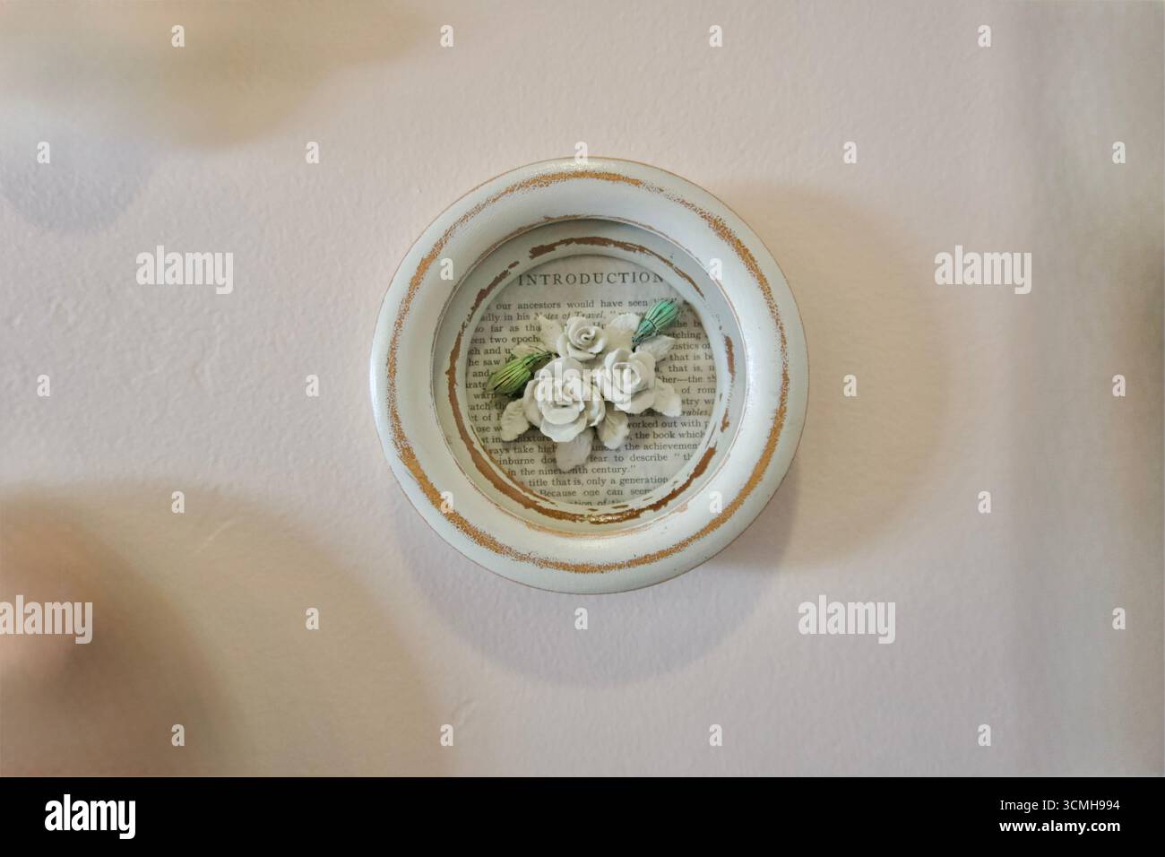 Cornice da parete rotonda vintage con rose e sfondo con testo stampato Foto Stock