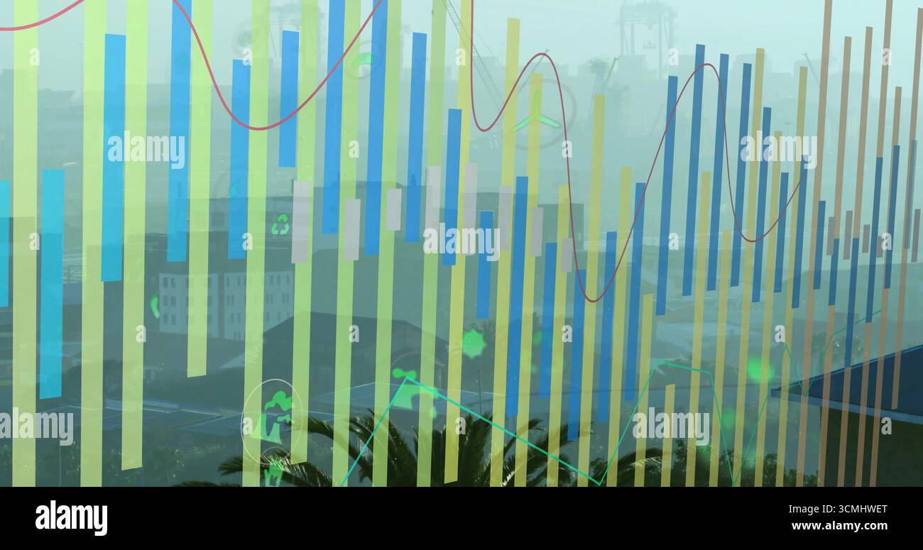 Visualizzazione della sovrapposizione dell'istogramma e della linea rossa sul porto, con icone, contenitori, gru, fronde di palma Foto Stock