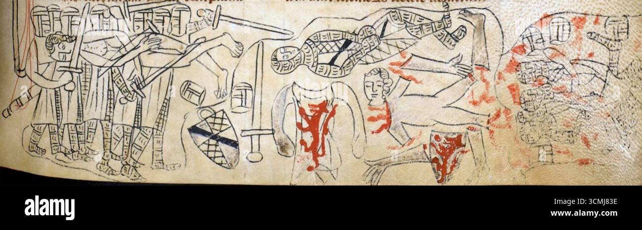 BATTAGLIA DI EVESHAM, 4 AGOSTO 1265. Una pergamena del XIII secolo che mostra la mutilazione del suo corpo dopo la battaglia. Foto Stock
