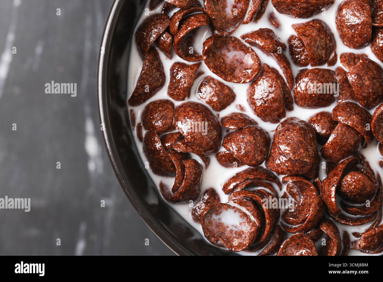 Cereali al cioccolato con latte nel recipiente. Il cibo della colazione era dolce e croccante. Spuntino mattutino per bambini e adulti. Foto Stock