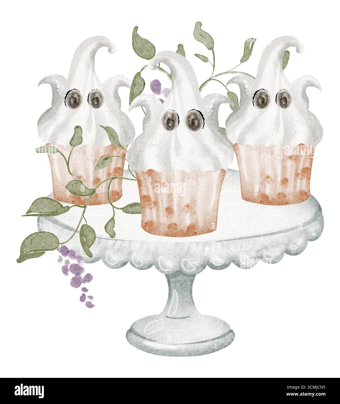 Cupcake di meringa fantasma di Halloween in una composizione autunnale ad acquerello. Include dessert, cupcake, feste e dolcetti natalizi. Foto Stock