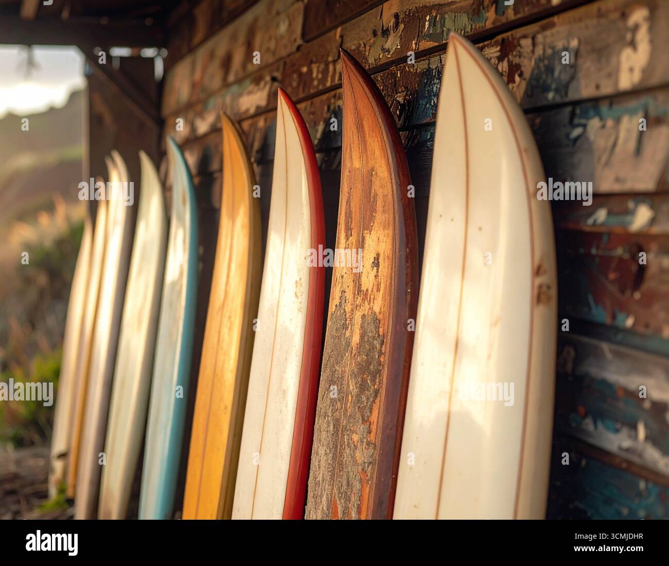 Tavole da surf in stile vintage appoggiate contro il muro di una capanna da surf. Foto Stock