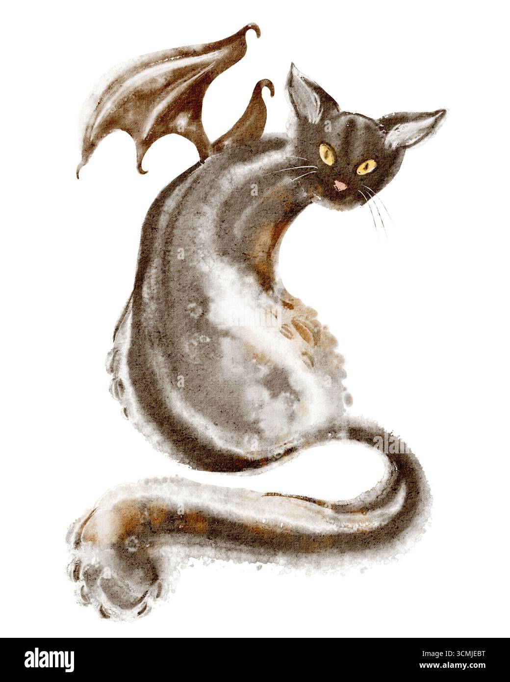 Gatto nero con ali di pipistrello in disegno ad acquerello. Personaggio felino demone in stile mitico. Halloween spaventoso animale isolato ritaglio illustrazione su bianco Foto Stock