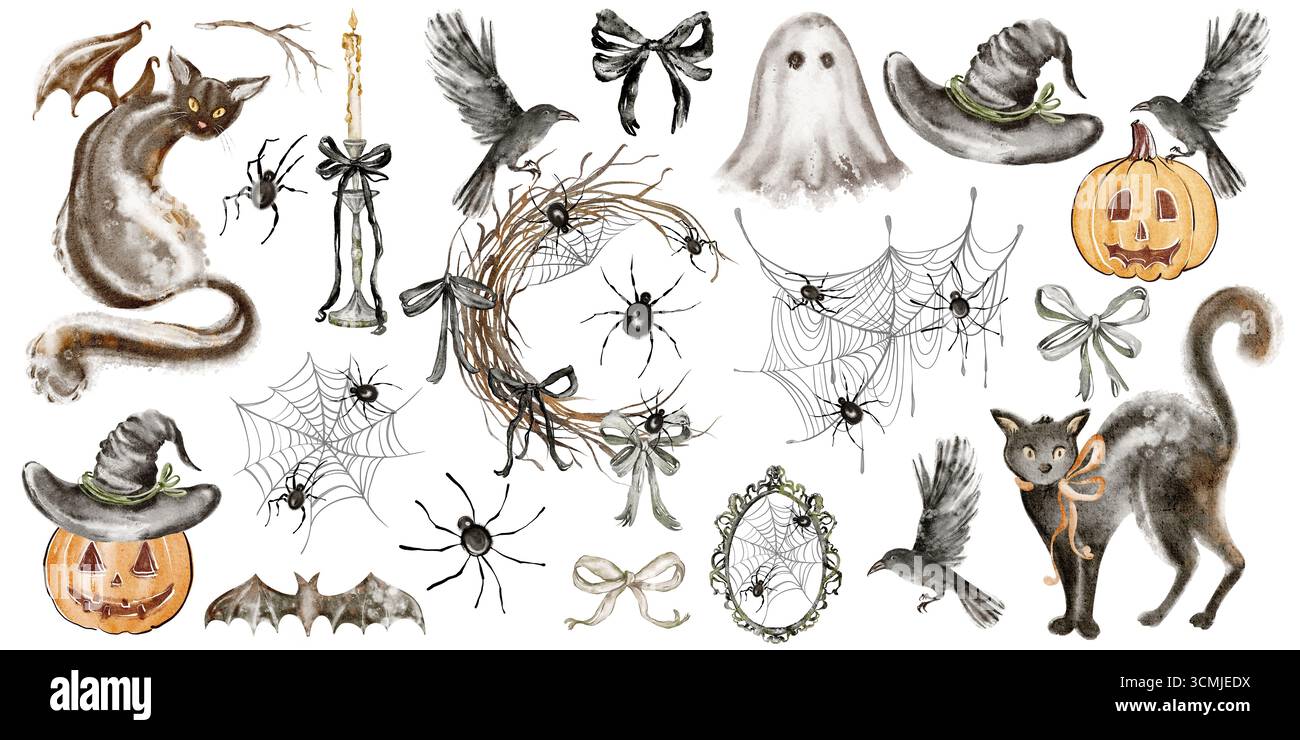 Set clipart di Halloween con zucca acquerello, teschio, ragnatela, corvo, cappello da strega, fantasma, candela, ragno, gatto nero, vampiro, cobweb, corona, wineglas Foto Stock