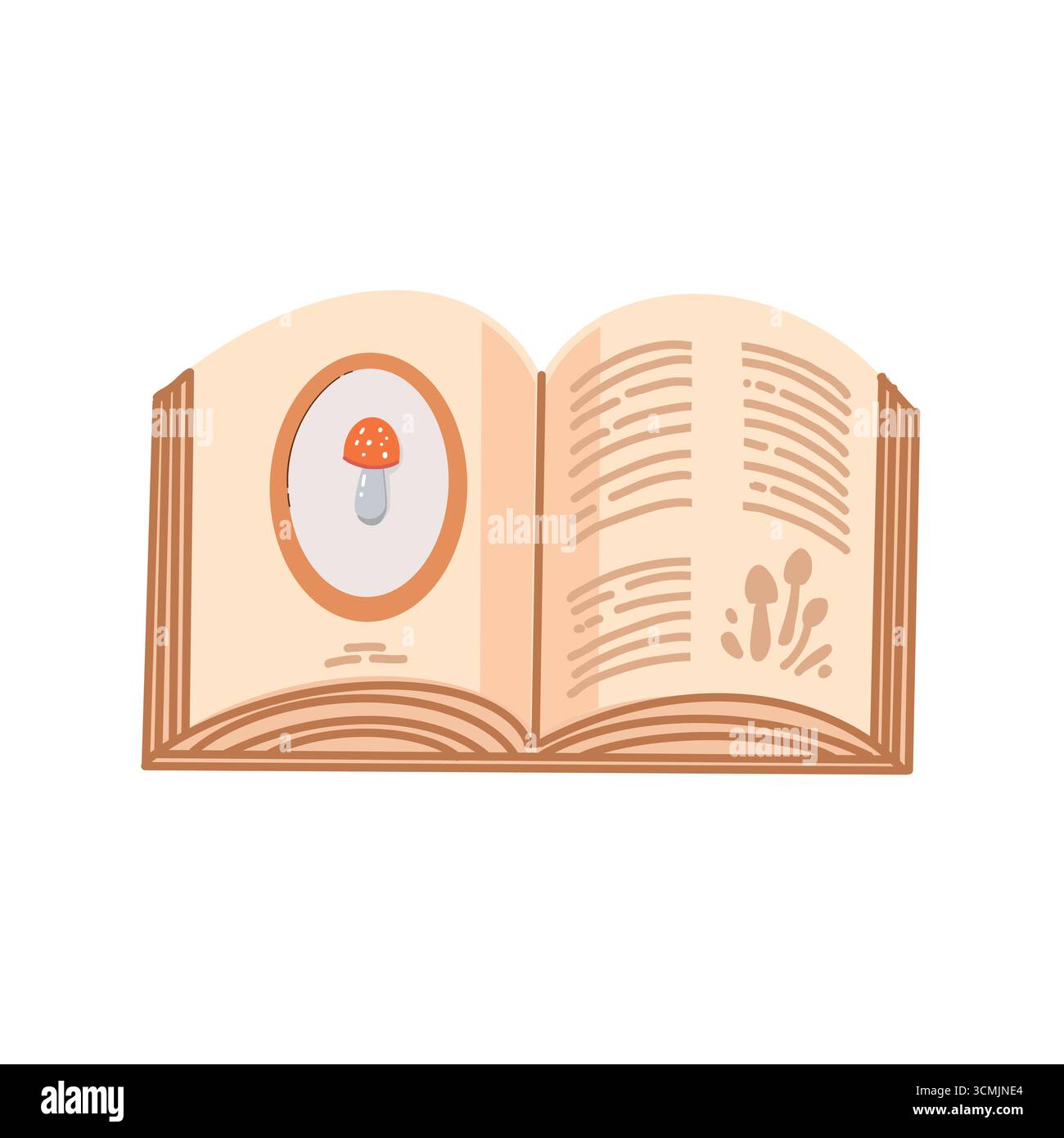 Libro aperto con illustrazioni di funghi. Accogliente attributo autunnale. Illustrazione piatta vettoriale. Bella clipart isolata su sfondo bianco Illustrazione Vettoriale