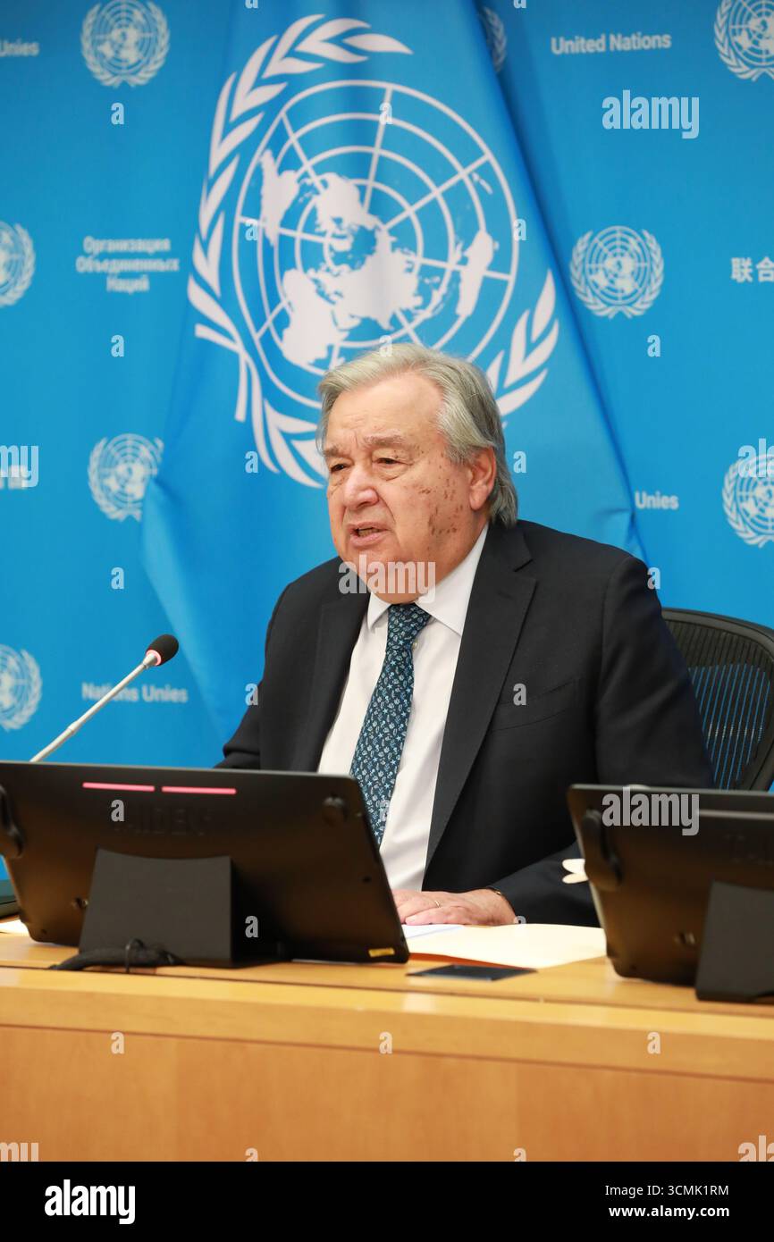 Nazioni Unite. 16 settembre 2025. Il Segretario generale delle Nazioni Unite Antonio Guterres parla alla stampa presso la sede delle Nazioni Unite a New York, 16 settembre 2025. Martedì Guterres ha affermato che le iniziative globali proposte dalla Cina sono totalmente compatibili con la carta delle Nazioni Unite. Crediti: Xie e/Xinhua/Alamy Live News Foto Stock