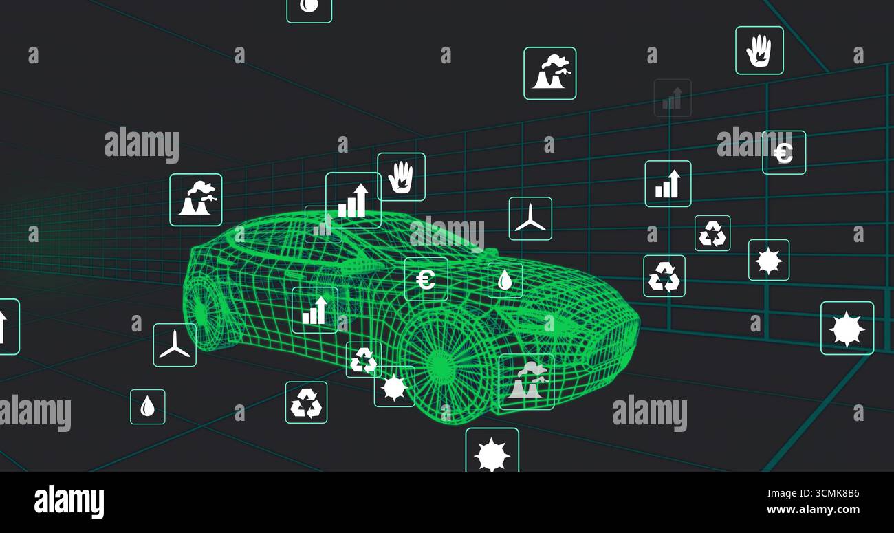 Visualizzazione di un modello di autovettura a reticolo verde in uno spazio di griglia scura, con icone di metriche ecologiche fluttuanti Foto Stock