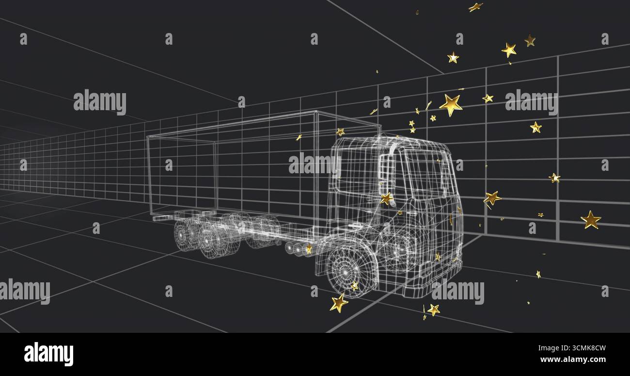 Visualizzazione di un autocarro con struttura a reticolo che occupa il centro dello spazio virtuale della griglia, con stelle dorate fluttuanti Foto Stock