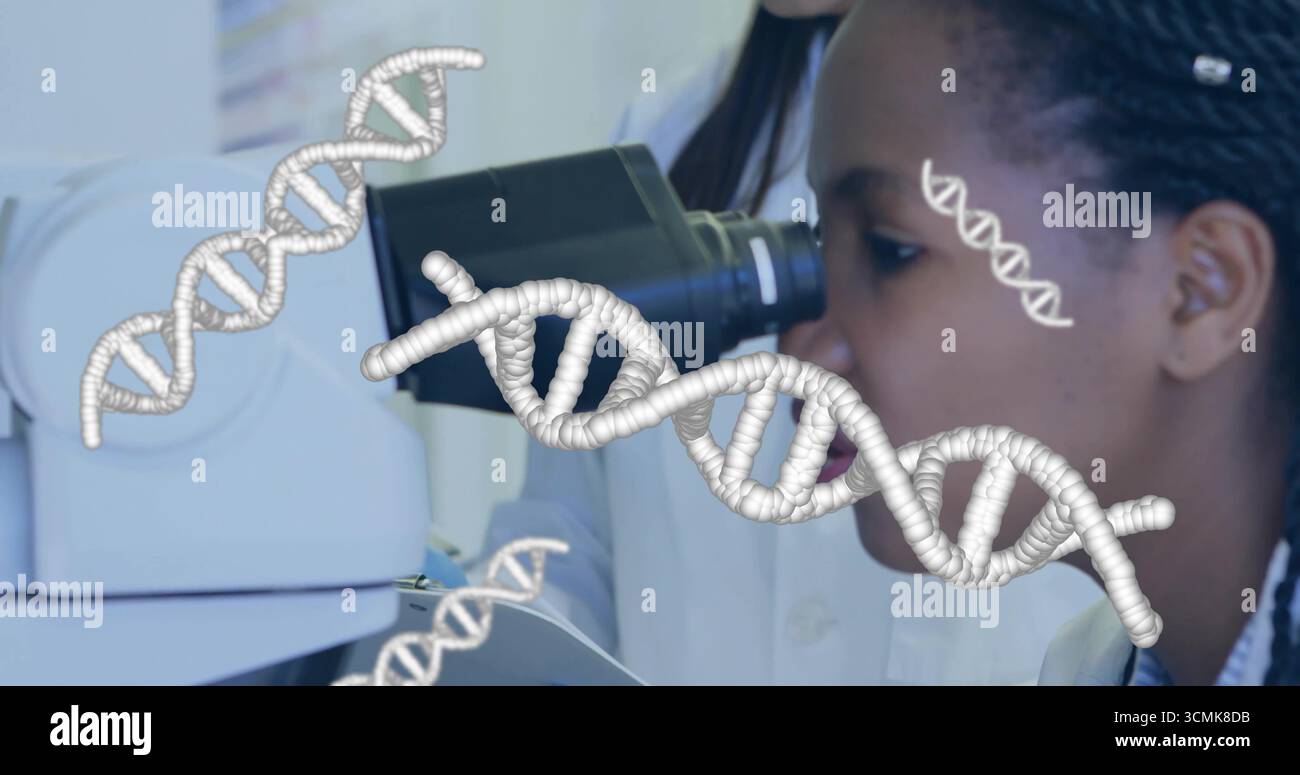 Esame di una scienziata donna in camice bianco da laboratorio che pesa al microscopio in laboratorio, con grafica del DNA Foto Stock
