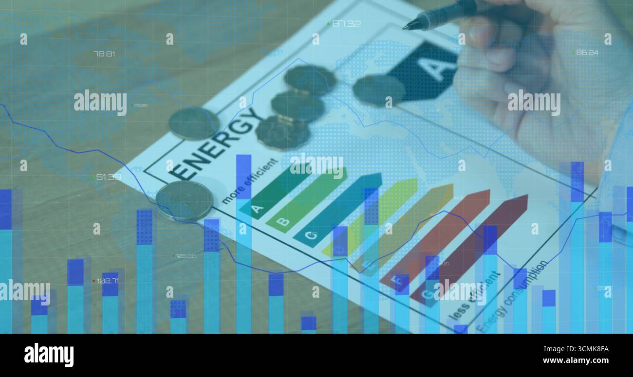 Analisi della scheda di valutazione dell'efficienza energetica di marcatura a destra sulla scrivania, con monete e sovrapposizioni cartografiche Foto Stock
