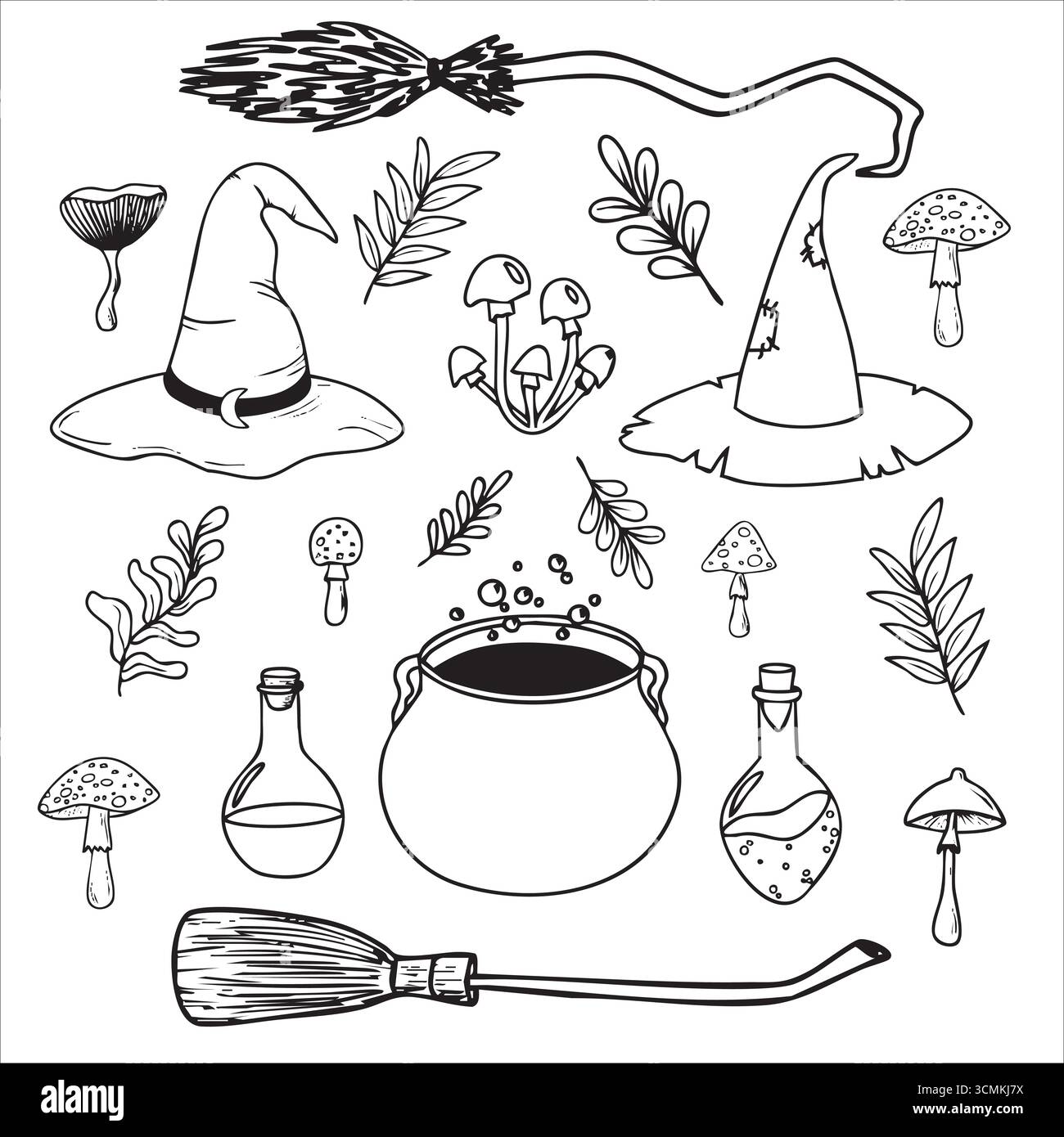 Set di scarabocchi vettoriali disegnati a mano con oggetti da strega Halloween e clip art Illustrazione Vettoriale