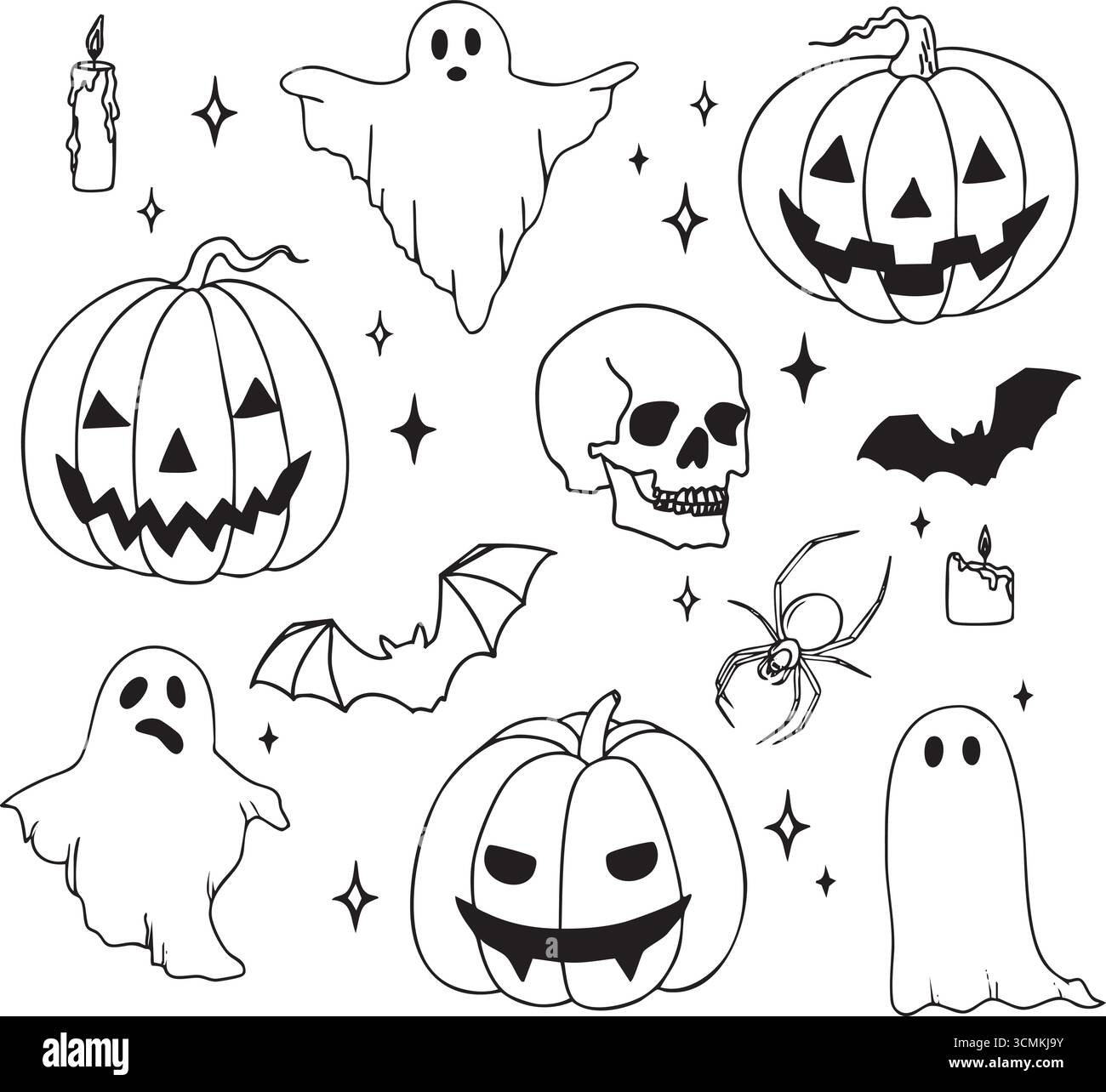 Set di doodle vettoriali disegnati a mano di oggetti di design isolati per Halloween Illustrazione Vettoriale