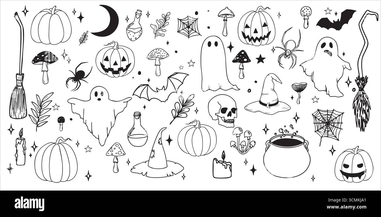Set di doodle vettoriali disegnati a mano di oggetti di design isolati per Halloween Illustrazione Vettoriale