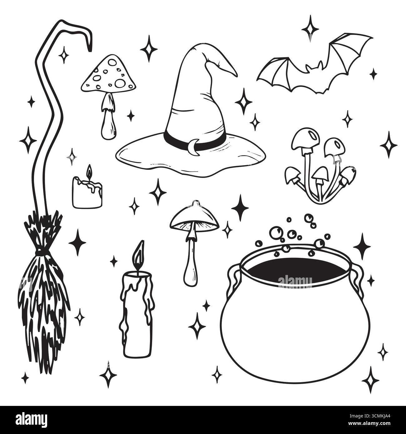 Set di scarabocchi vettoriali disegnati a mano con oggetti da strega Halloween e clip art Illustrazione Vettoriale