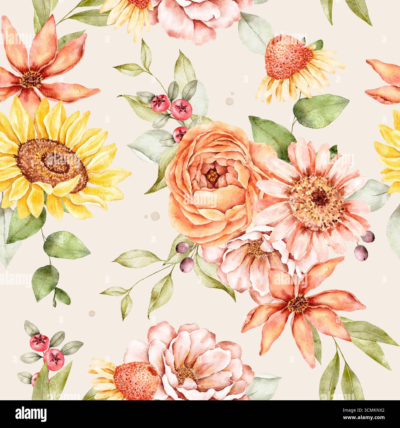 Motivo floreale senza cuciture con acquerelli girasoli, rose e fiori autunnali in calde tonalità di pesca, sabbia e Bordeaux. Parte del set Golden Hour, perfec Foto Stock
