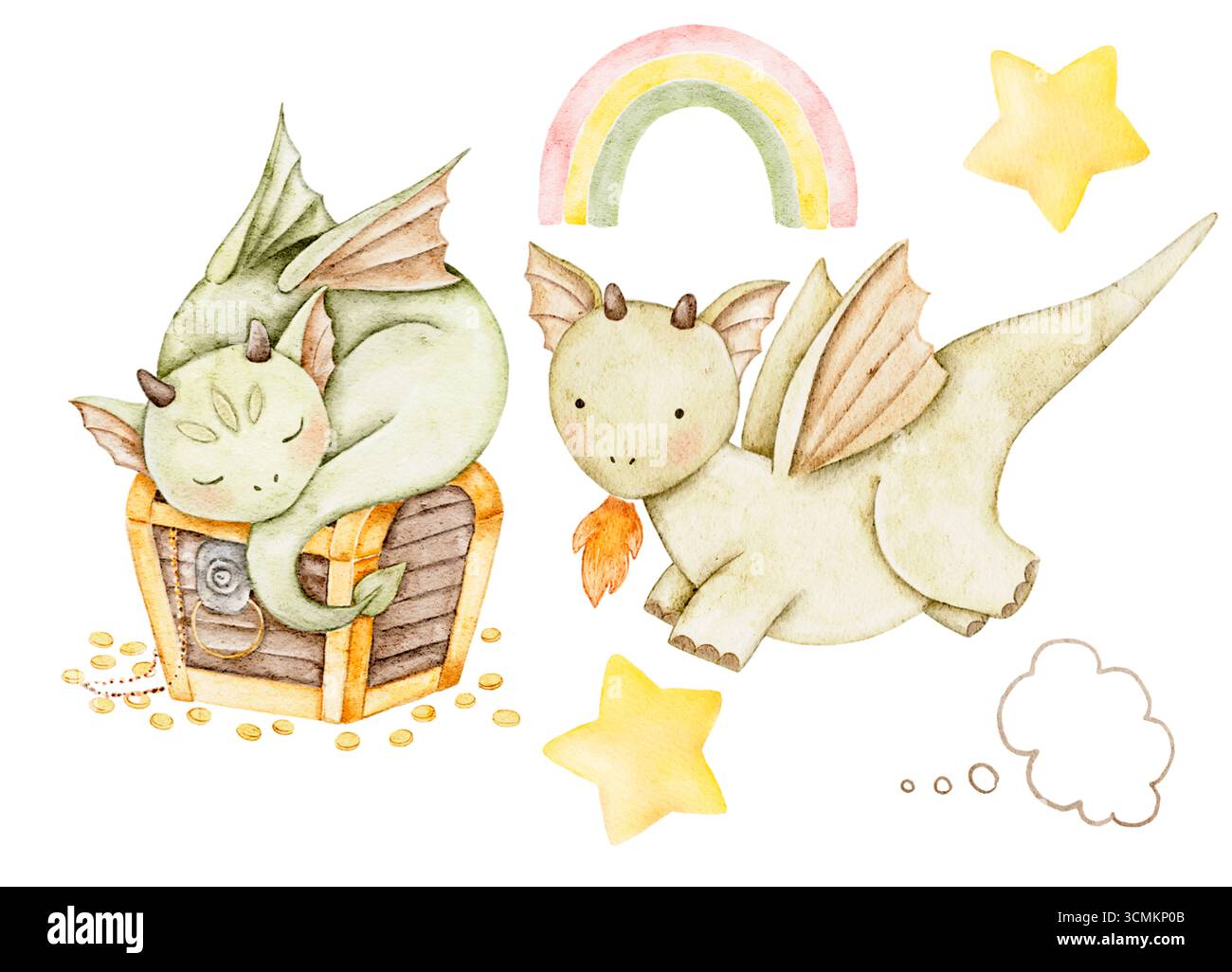 Drago volante ad acquerello con ali, arcobaleno e stelle. Illustrazione fiabesca dipinta a mano per stampe da vivaio, libri di fiabe, poster, adesivi o bambini Foto Stock