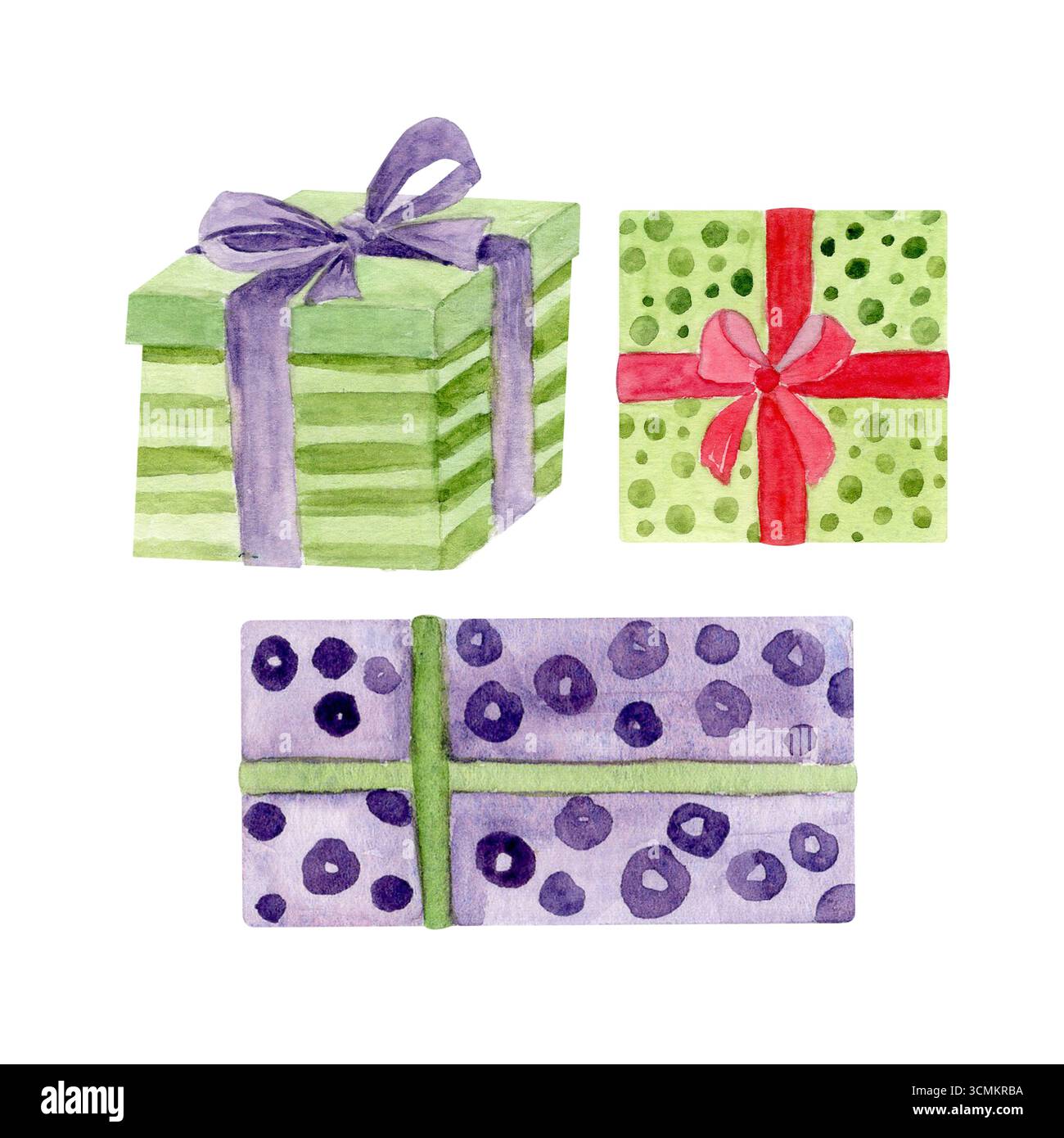 Set di scatole regalo legate con un nastro e un fiocco. Illustrazione acquerello isolata su bianco. Perfetto per Natale, Capodanno, compleanno, festa Foto Stock