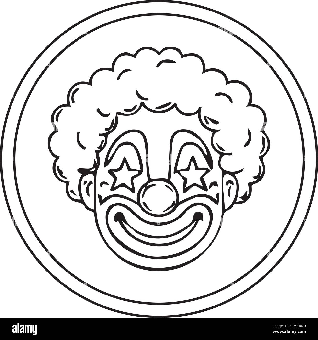 Un allegro ritratto clown con occhi a stella naso arrotondato e trucco a righe incorniciato da un anello audace per i disegni del carnevale Illustrazione Vettoriale