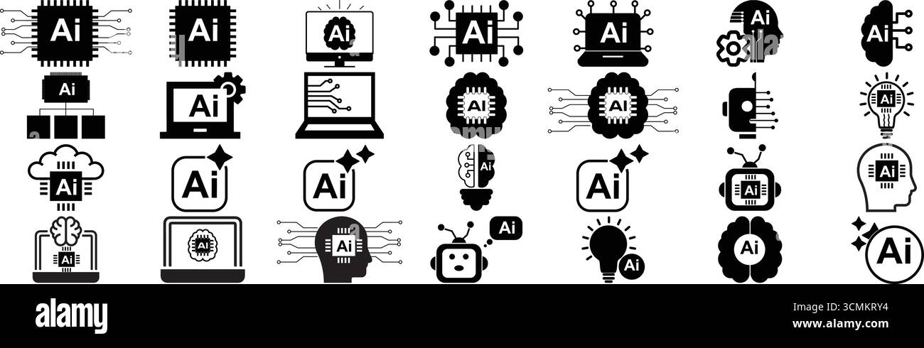 Icone di intelligenza artificiale impostate con simboli Chip, cervello e tecnologia Illustrazione Vettoriale
