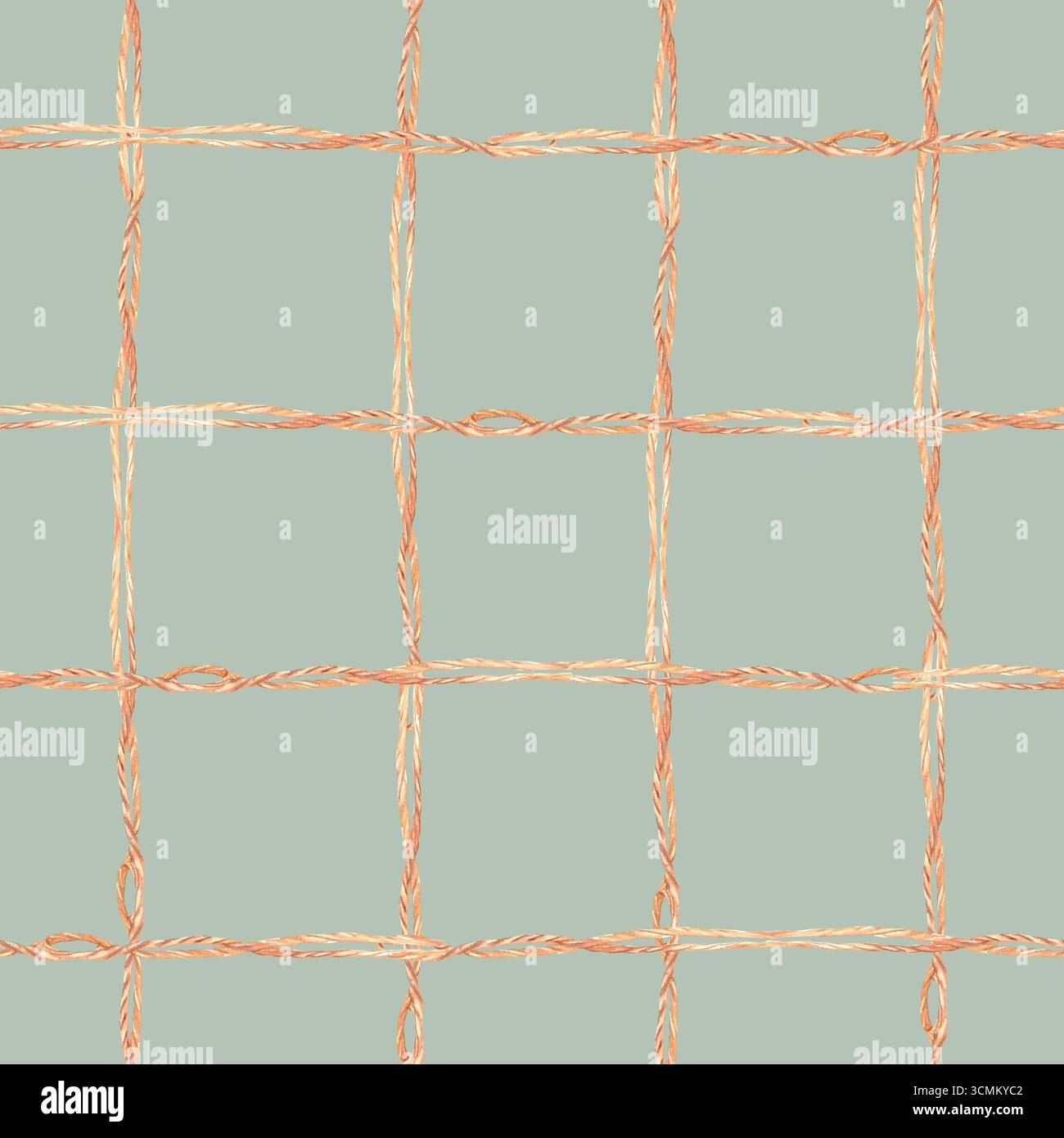 Stampa geometrica a scacchi senza cuciture con corde di iuta incrociate, nodi e loop. Illustrazione ad acquerello disegnata a mano. design per tessuto, imballaggio Foto Stock