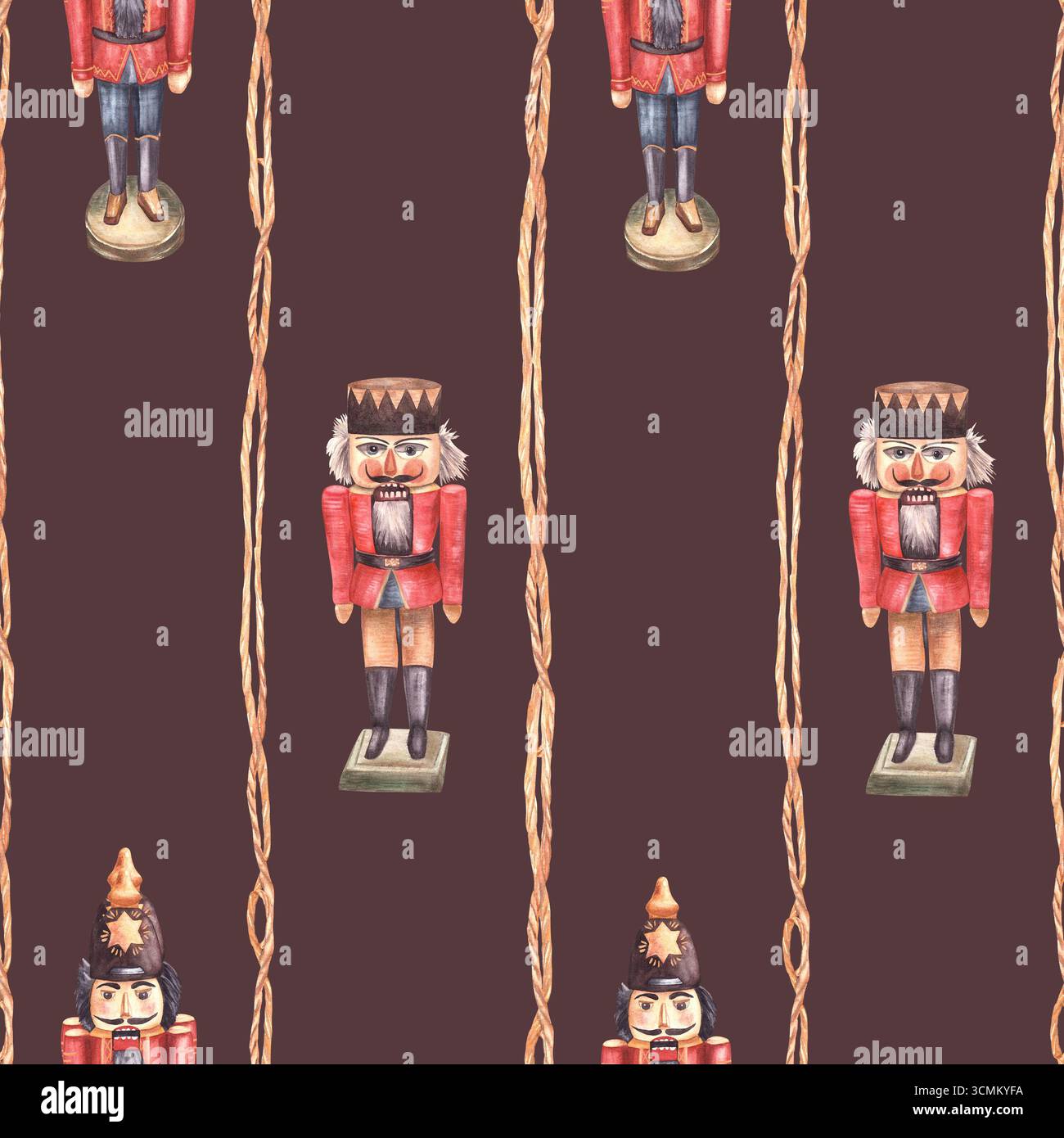 Fantasia senza cuciture dello Schiaccianoci, soldato giocattolo in legno. Acquerello vintage tradizione decorazione albero di Natale illustrazione disegnata a mano. Ornamento a righe per Foto Stock