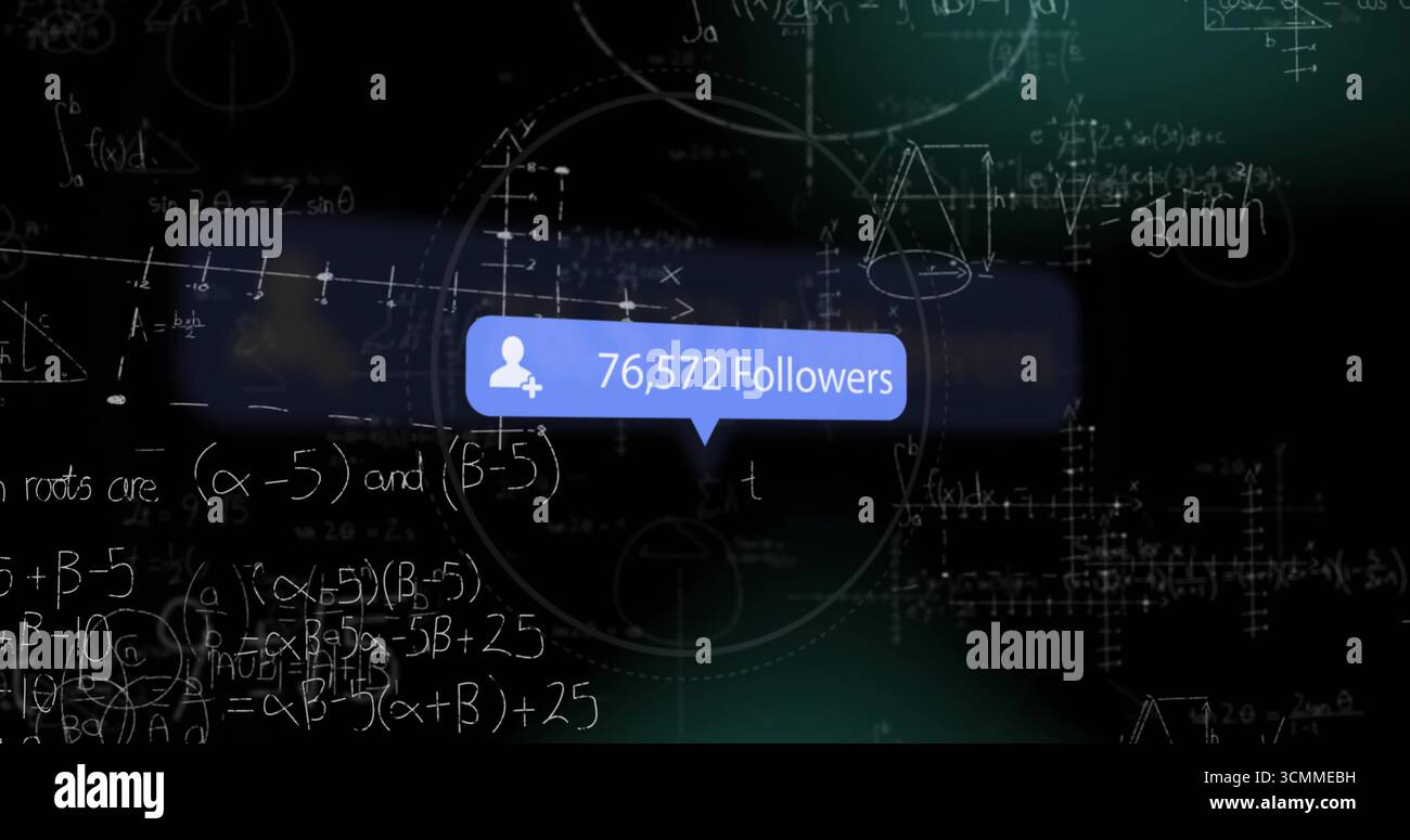 Visualizzazione della bolla blu con 76.572 follower su interfaccia scura, icona aggiunta utente e diagrammi gesso Foto Stock