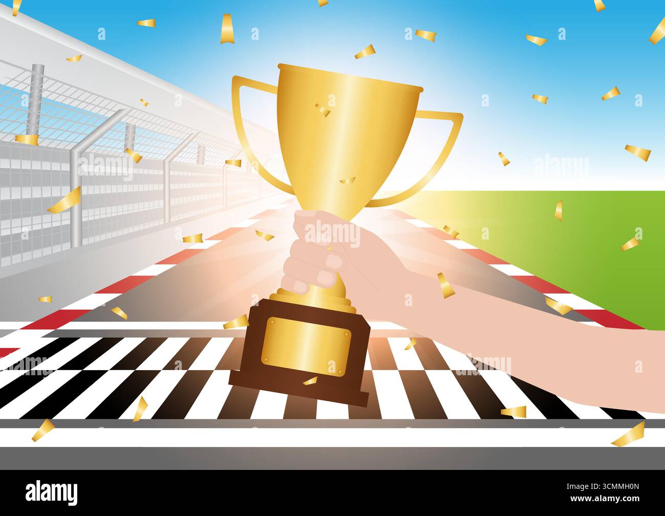 Trofeo d'oro in pista. Pista per go-kart. Pista da corsa. Illustrazione vettoriale. Concetto vincente e campione. Illustrazione vettoriale. Illustrazione Vettoriale