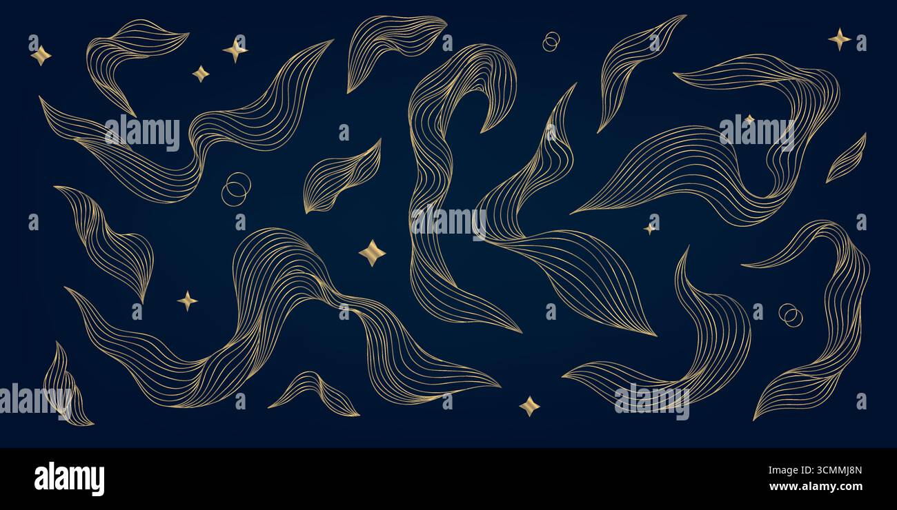 Set di sfondo vettoriale giapponese astratto, loghi a onde dorate, ornamenti scintillanti, texture, motivi celesti. Poster di lusso, motivi decorativi Illustrazione Vettoriale