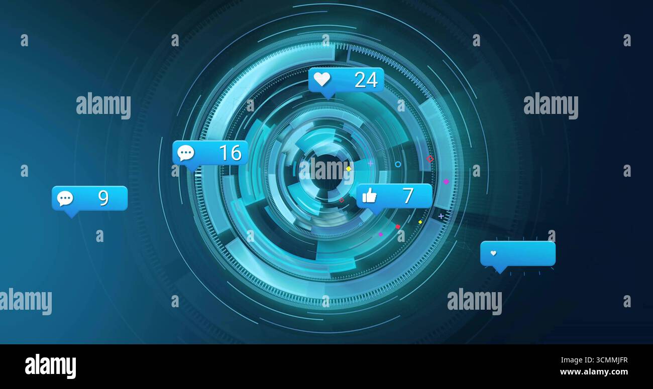 Visualizzazione di un'interfaccia circolare che mostra gli squilli nella visualizzazione virtuale con le notifiche dei social media Foto Stock