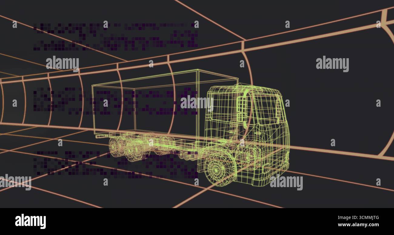 Camion cargo con struttura a reticolo galleggiante che si trova all'interno del tunnel della griglia luminosa, con gruppi di pixel viola Foto Stock