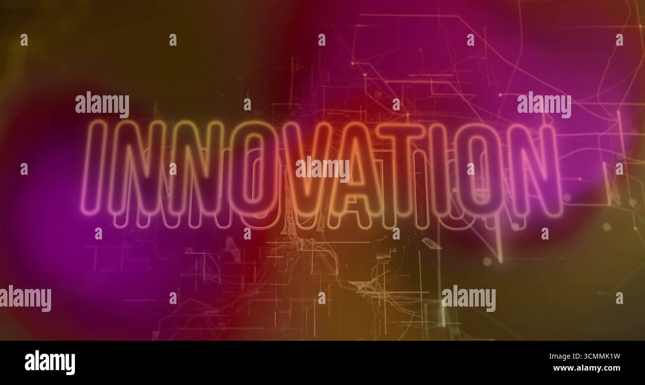 UN testo INNOVATIVO in stile neon brillante che risplende in un ambiente digitale astratto, con schemi di circuito Foto Stock