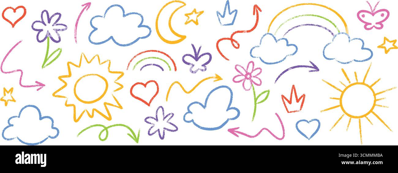Disegni colorati di pastelli per bambini con i bambini disegnati a mano sole e luna, stelle e arcobaleno, nuvole e fiori Illustrazione Vettoriale