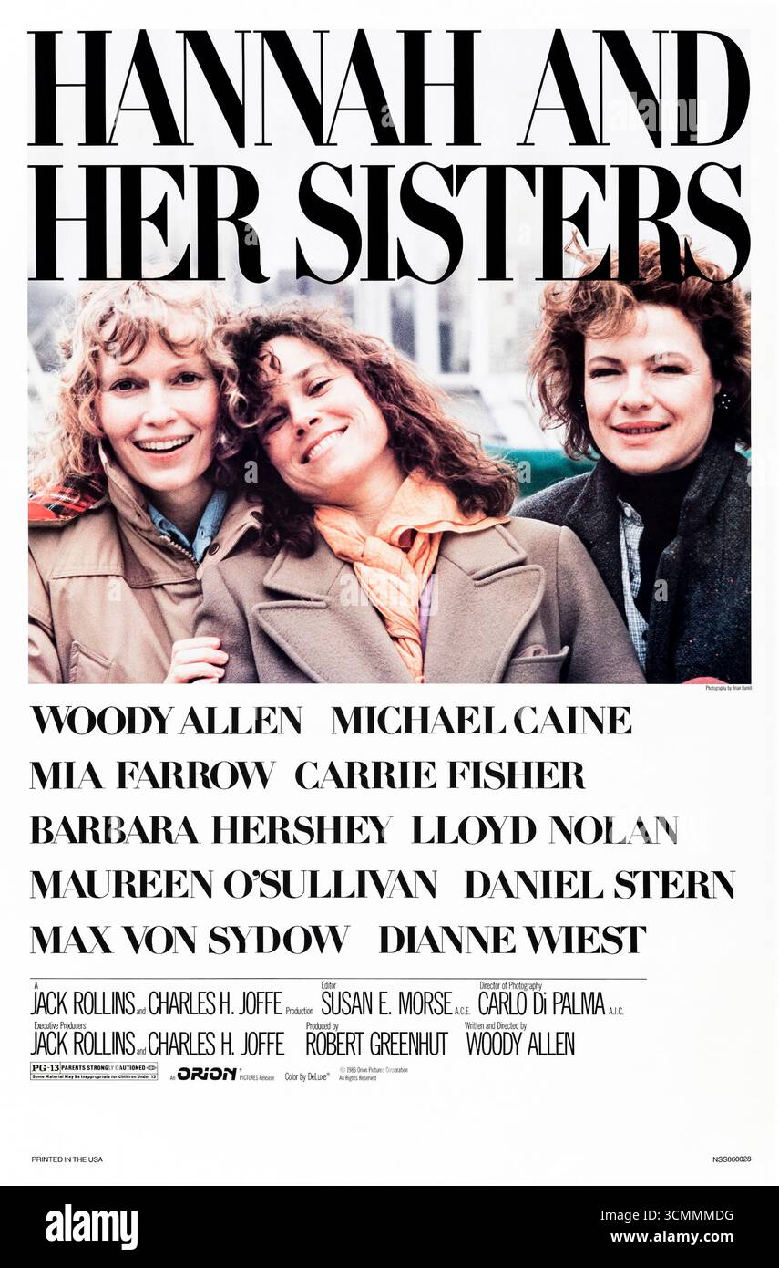 Hannah and Her Sisters (1986) diretto da Woody Allen e interpretato da mia Farrow, Michael Caine e Barbara Hershey. Nel corso di due anni tra il Ringraziamento, le vite, gli amori e i tradimenti di tre sorelle e di quelle intorno a loro sono esplorati in questo acclamato dramma comico. Fotografia di un poster originale del 1986 USA a un foglio SOLO PER USO EDITORIALE. Crediti: Immagini BFA / Orion Foto Stock