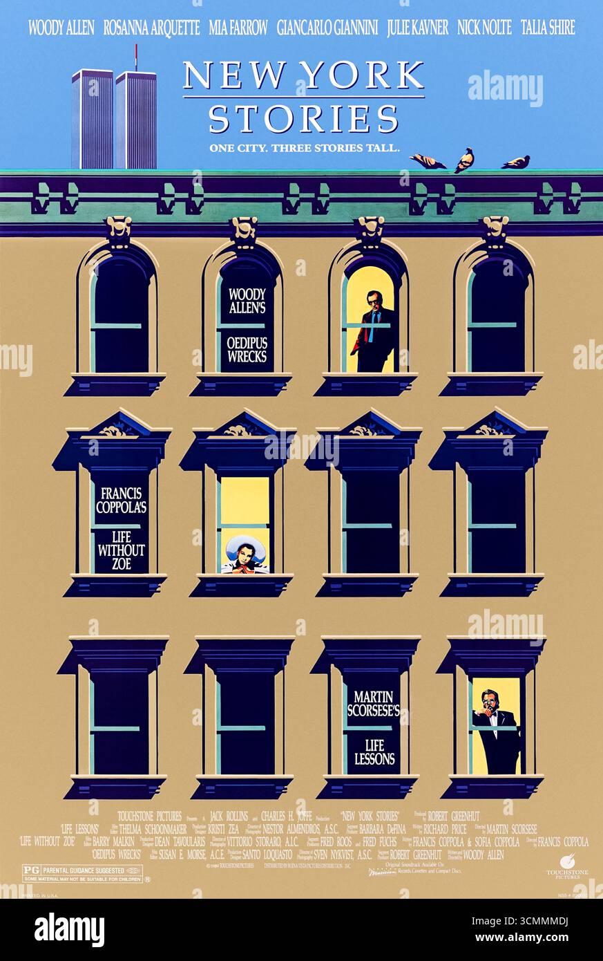 New York Stories (1989) diretto da Woody Allen, Francis Ford Coppola e Martin Scorsese e interpretato da Nick Nolte, Rosanna Arquette e Woody Allen. Un film antologico che presenta tre storie di amore, creatività e vita urbana a New York. Fotografia di un poster originale del 1989 USA a un foglio SOLO PER USO EDITORIALE. Crediti: BFA / Buena Vista Pictures Foto Stock