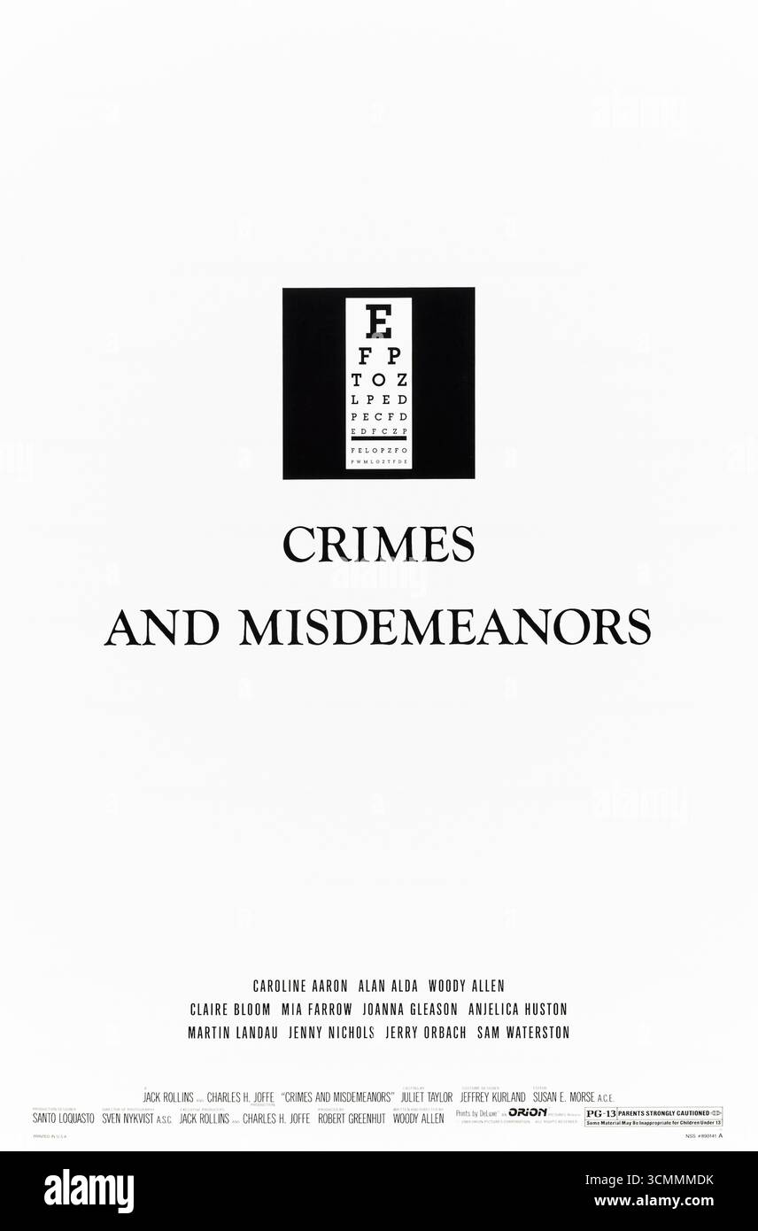 Crimes and Misdemeanors (1989) diretto da Woody Allen e interpretato da Martin Landau, Woody Allen e mia Farrow. Un oftalmologo contempla l'omicidio per nascondere una relazione mentre un regista affronta dilemmi romantici e filosofici in storie oscure comiche interconnesse. Fotografia di un poster originale del 1989 USA a un foglio SOLO PER USO EDITORIALE. Crediti: Immagini BFA / Orion Foto Stock