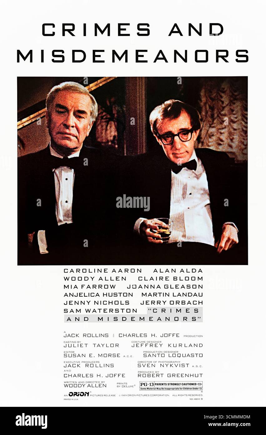 Crimes and Misdemeanors (1989) diretto da Woody Allen e interpretato da Martin Landau, Woody Allen e mia Farrow. Un oftalmologo contempla l'omicidio per nascondere una relazione mentre un regista affronta dilemmi romantici e filosofici in storie oscure comiche interconnesse. Fotografia di un poster originale del 1989 USA a un foglio SOLO PER USO EDITORIALE. Crediti: Immagini BFA / Orion Foto Stock